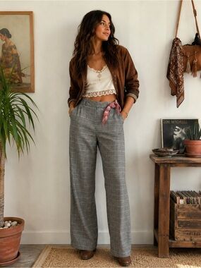 Scotch & Soda Gray & Pink Plaid Wide-Leg Linen Blend Trousers